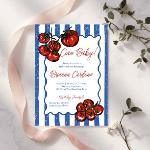 Invitation Ciao bébé tomate rayures bleues Baby shower italie