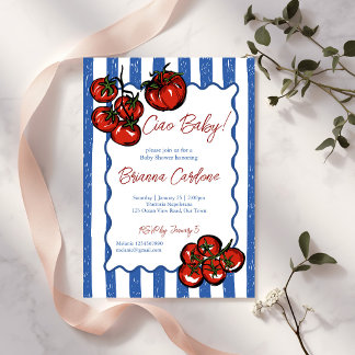 Invitation Ciao bébé tomate rayures bleues Baby shower italie