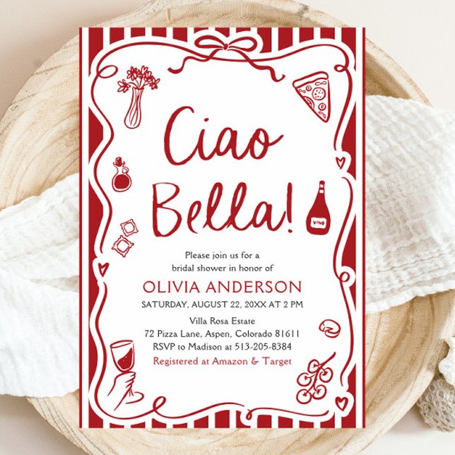 Invitation Ciao Bella Fête des mariées de pizza italienne tir (Watercolor Ciao Bella Hand Drawn Italian Pizza Pasta Wine Bridal Shower Invitation)