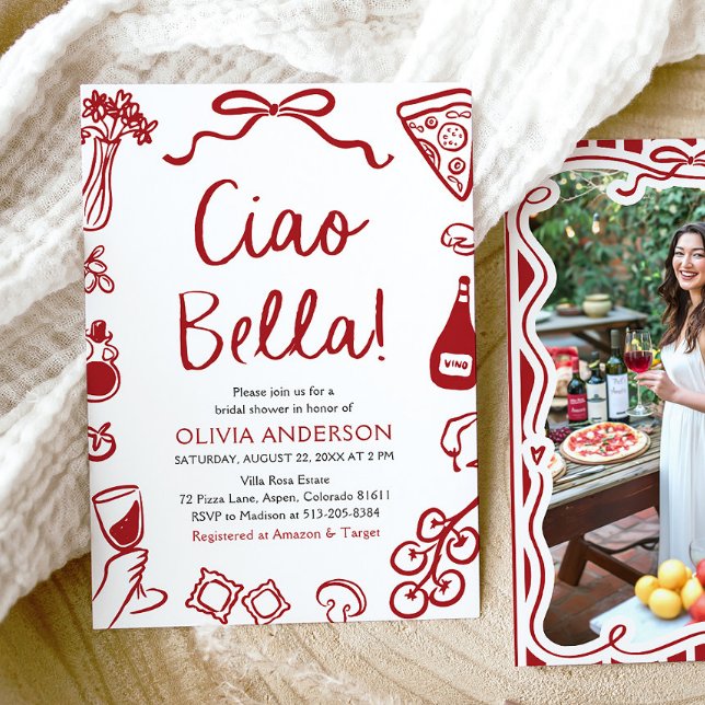 Invitation Ciao Bella Fête des mariées de pizza italienne tir (Red Italian Ciao Bella Whimsical Hand Drawn Pizza Pasta Wine Bridal Shower Invitation)
