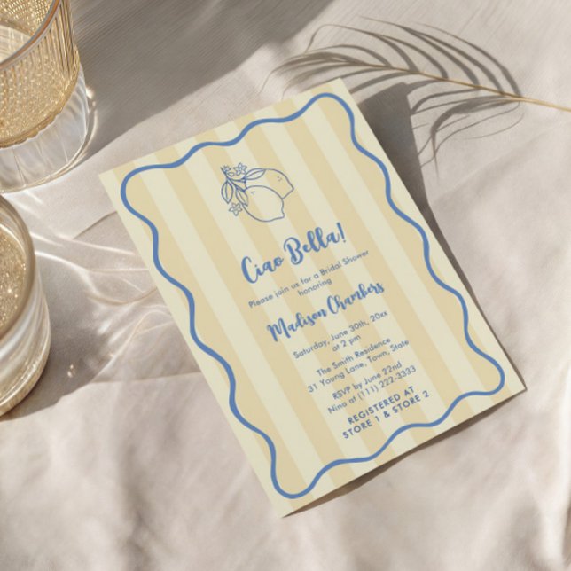 Invitation Ciao Bella Fête des mariées manuscrite jaune bleu (Ciao to Miss yellow and blue boho wavy border italian theme bridal shower invitation cards)
