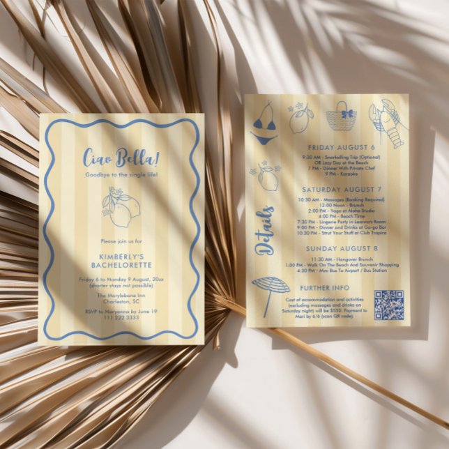 Invitation Ciao Bella Squiggle Bordure Bachelorette Week-end (Ciao Bella Yellow Stripes Blue hand-drawn doodles lemons amalfi bachelorette weekend invitation)