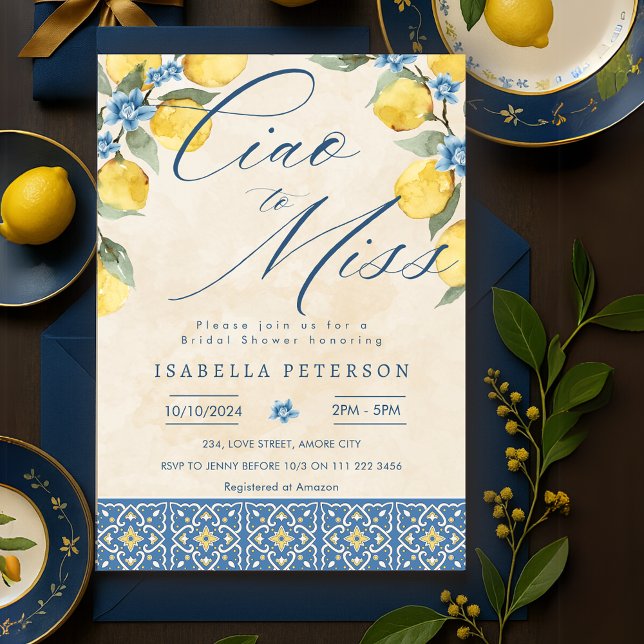 Invitation Ciao to Miss Italian Blue Tiles Fête des mariées (Ciao to Miss Italian Blue Tiles Bridal Shower Invitation)
