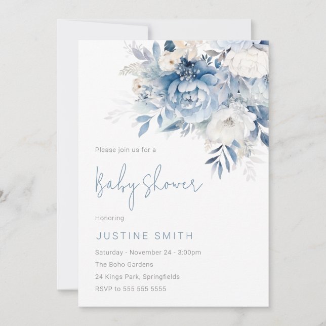 Invitation Ciel bleu et Baby shower de fleurs blanches (Devant)