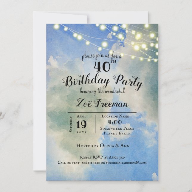 Invitation Ciel bleu et nuages blancs | Blue 40th Birthday (Devant)