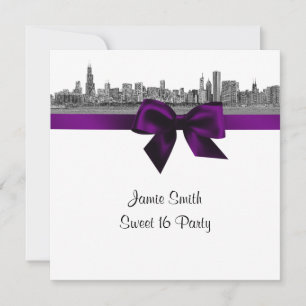 Invitation Ciel de Chicago Gravé BW Violet Sweet Sixteen SQ