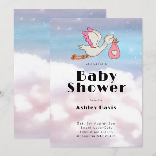 Invitation Ciel D'Oiseau De Stork Et Baby shower Nuageux