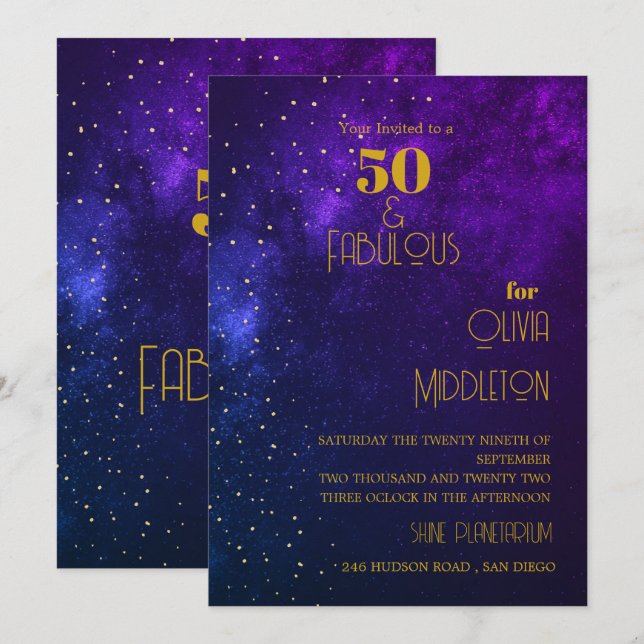 Invitation Ciel du soir d'anniversaire 50 ans Astral Gold Sta (Devant / Derrière)