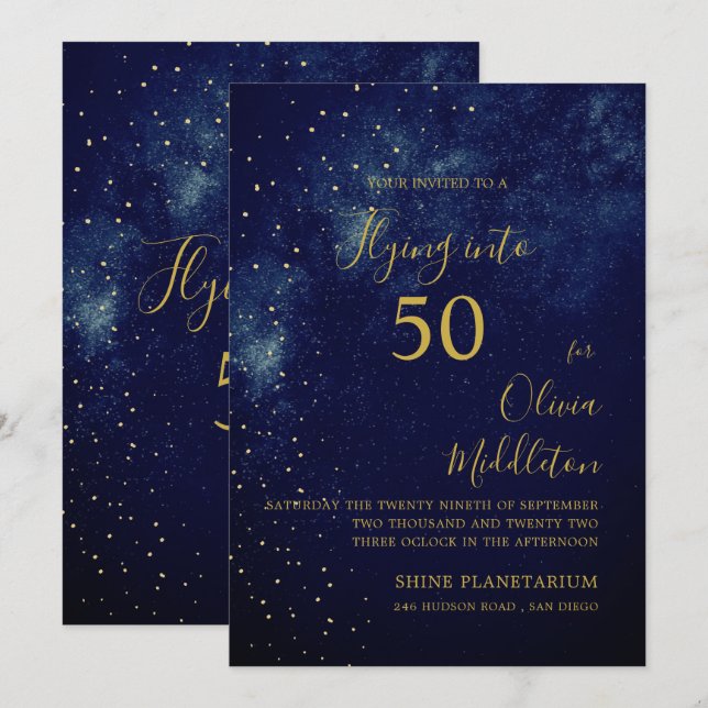 Invitation Ciel du soir d'anniversaire 50 ans Astral Or Étoil (Devant / Derrière)