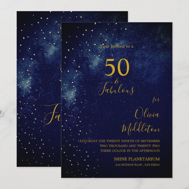 Invitation Ciel du soir d'anniversaire 50 ans Or astral Étoil (Devant / Derrière)