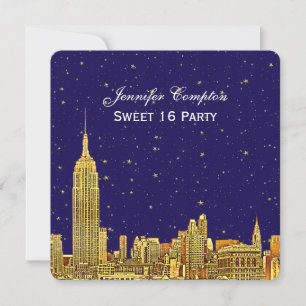 Invitation Ciel étoilé bleu SQ Gold NYC Skyline Etch Sweet 16