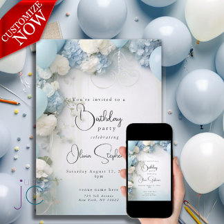 Invitation Ciel festif bleu blanc fleurs et ballons