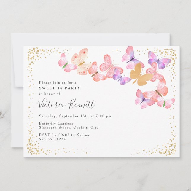 Invitation Ciel papillon Coral Gold Confetti Sweet 16 (Devant)