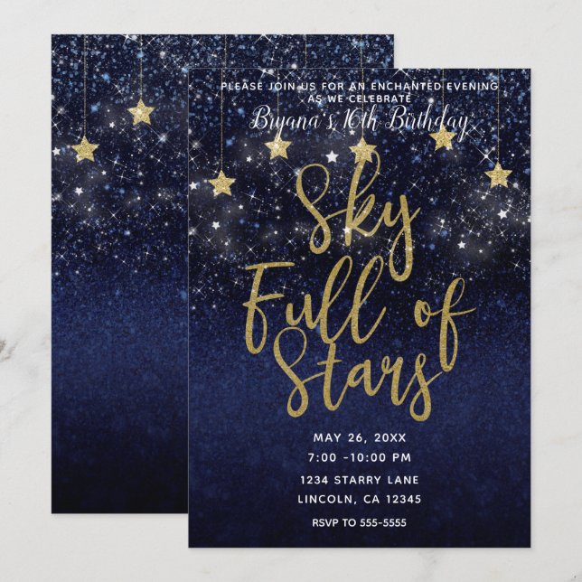 Invitation Ciel plein d'étoiles Starry Night Gold Blue Party (Devant / Derrière)