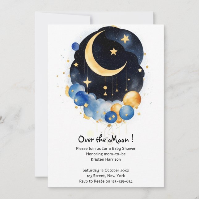 Invitation Ciel scintillant Baby Shower Thème Lune & Étoiles (Devant)