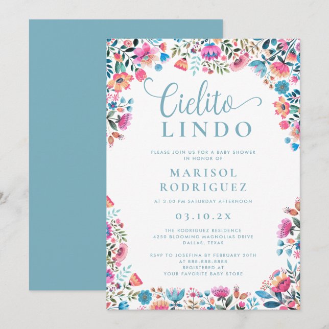 Invitation Cielito Lindo Baby shower Floral coloré mexicain (Devant / Derrière)