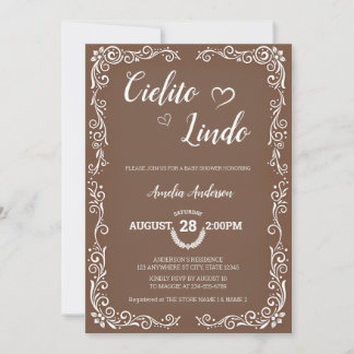 Invitation Cielito Lindo Floral Swirl Heart Baby Shower marro