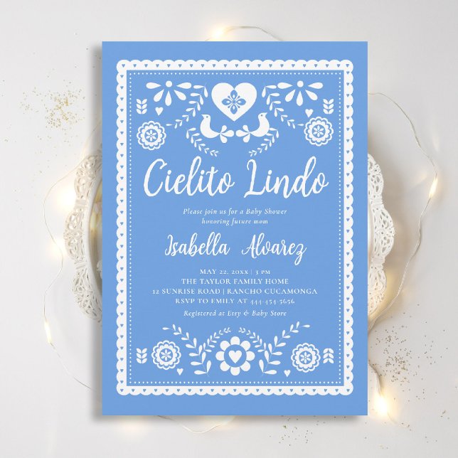 Invitation Cielito Lindo Mexican Picado Heart Baby Shower (cielito lindo baby shower invitation mexican papel picado heart blue rancho fiesta elegant classy)