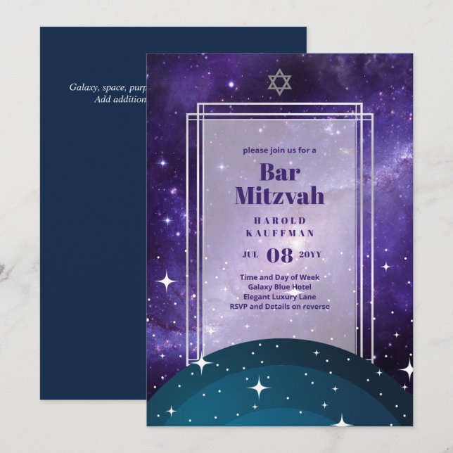 Invitation Ciels au-dessus du BAR MITZVAH Galaxy Blue Gold El (Devant / Derrière)