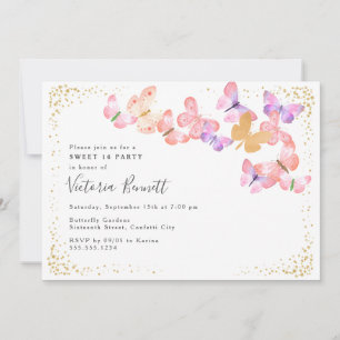 Invitation Cieux Papillon Or Corail Confettis Sweet 16