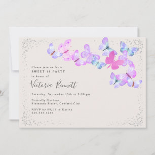 Invitation Cieux Papillon Rose Argent Confettis Sweet 16