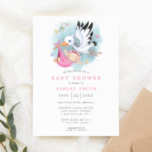 Invitation Cigogne Aquarelle Rose Oiseau Moderne Fille Baby S