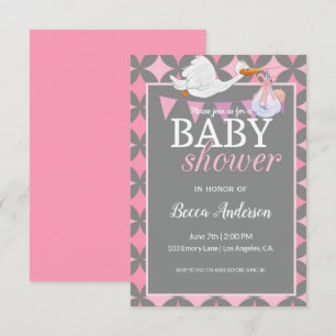 Invitation Cigogne Baby Shower Rose