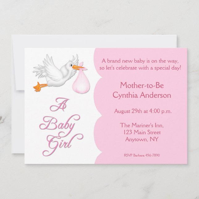 Invitation Cigogne de rose de fille de baby shower (Devant)