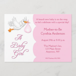 Invitation Cigogne de rose de fille de baby shower