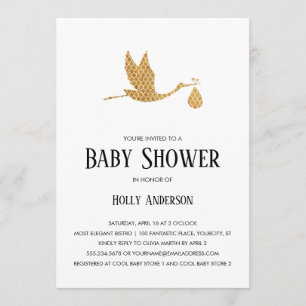 Invitation Cigogne de très bon goût d'or de baby shower