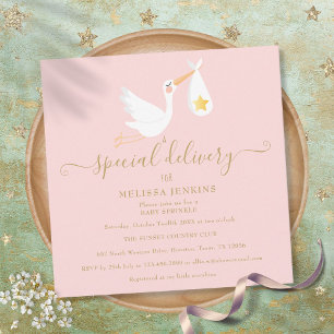 Invitation Cigogne livraison spéciale rose Baby Shower Sprink