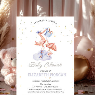 Invitation Cigogne mignonne étoiles Baby Shower
