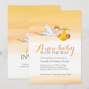 Invitation Cigogne nouveau bébé orange doré couple baby showe