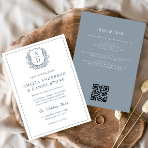 Invitation Cimetière bleu Dusty Monogram Mariage QR Code
