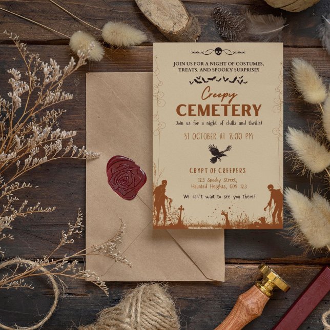 Invitation Cimetière déplaisant Brown avec Accent Noir Fumé (Creepy Cemetery Brown with Smoky Black Accent Invitation Cover from The Beekeeper Store)