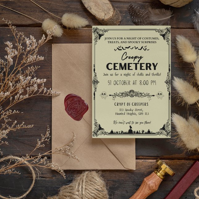 Invitation Cimetière déplaisant Vanille foncée avec Accent no (Creepy Cemetery Dark Vanilla with Black Accent Invitation Cover from The Beekeeper Store)