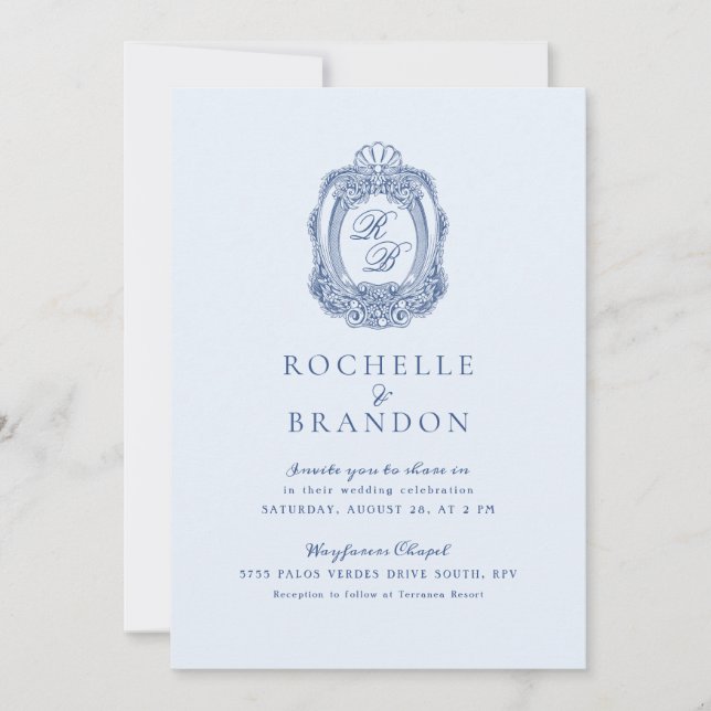 Invitation Cimier baroque Mariage bleu français (Devant)