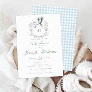 Invitation Cimier bleu avec cigogne et fleurs Baby Boy Douche