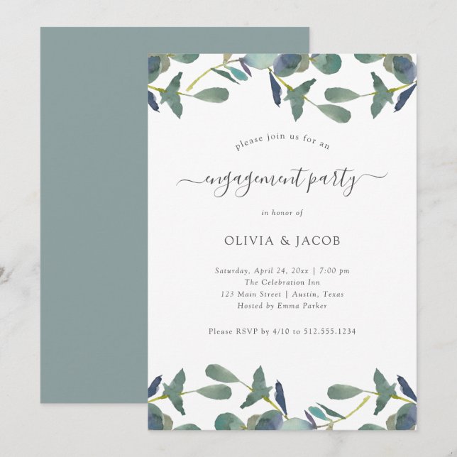 Invitation Cimier d'Eucalyptus | Green Feuilles Engagement Pa (Devant / Derrière)
