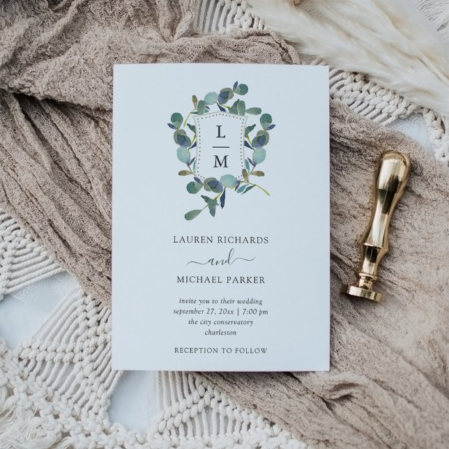 Invitation Cimier d'Eucalyptus | Mariage aquarelle (An elegant wedding invitation with your monogram in a crest surrounded by eucalyptus leaves)