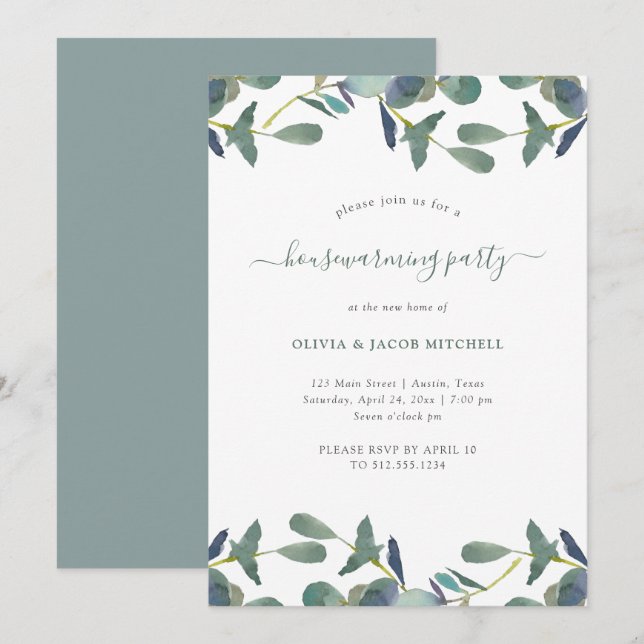 Invitation Cimier d'Eucalyptus | Soirée Feuille verte (Devant / Derrière)
