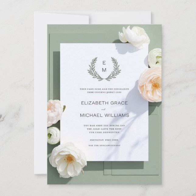 Invitation Cimier feuillus vert Sage officiel Monogramme Mari (Devant)