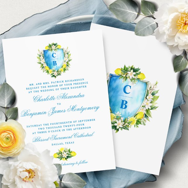 Invitation Cimier Floral Bleu Formel Monogramme Citrons Maria (Créateur téléchargé)