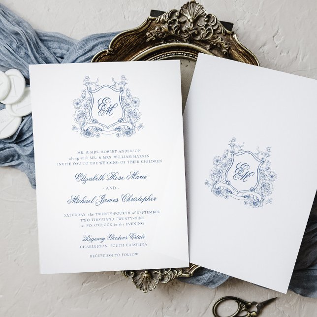 Invitation Cimier Floral Bleu Formel Monogramme Mariage Éléga (Créateur téléchargé)