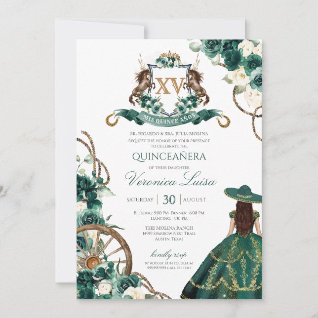 Invitation Cimier floral Emerald Green Charro Quinceanera (Devant)