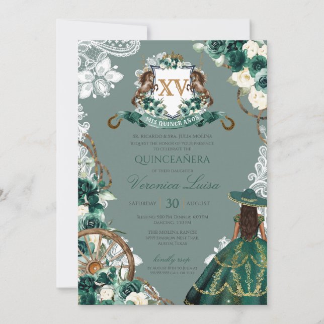 Invitation Cimier floral Emerald Green Charro Quinceanera (Devant)