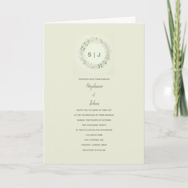 Invitation Cimier Floral Monogramme Sage Vert Beige Mariage (Devant)