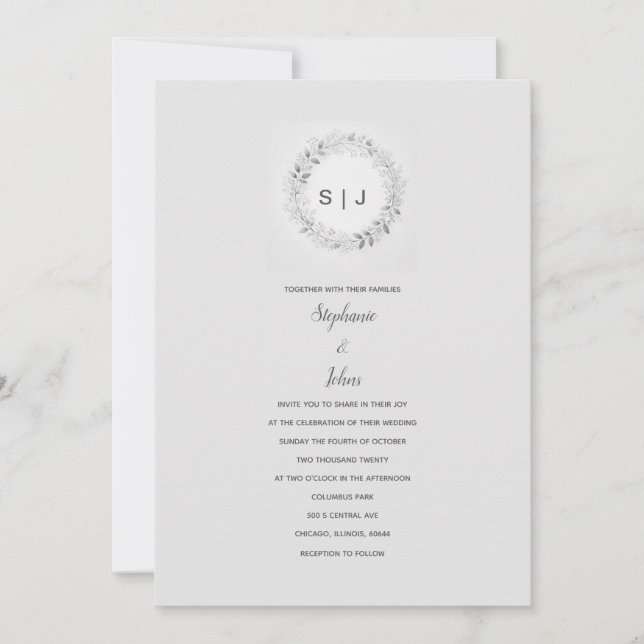 Invitation Cimier floral noir blanc gris Mariage (Devant)