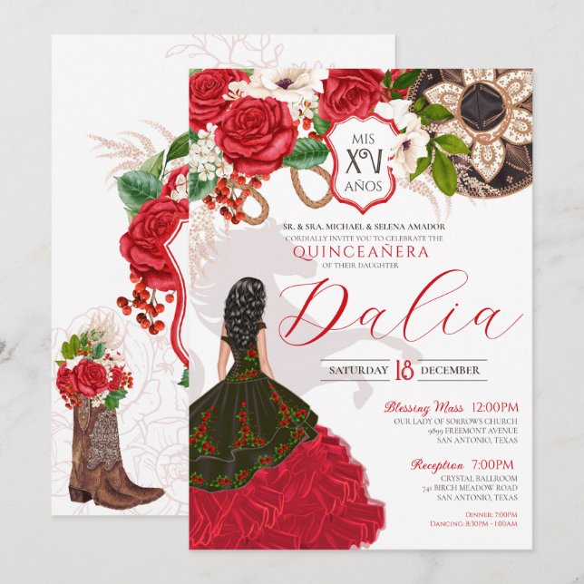 Invitation Cimier floral Rose rouge Charro Quinceañera (Devant / Derrière)