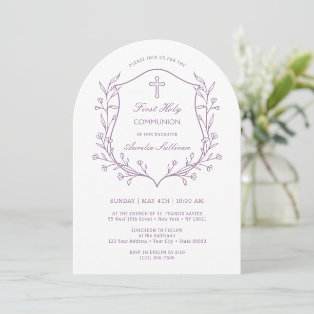 Invitation Cimier floral simple Première communion sainte (Debout devant)